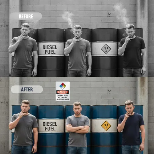 Vista 7 de Señales de seguridad SmartSign. Mensajes: "Danger: Diesel Fuel No Smoking No Open Flames", letras negras o rojas sobre fondo blanco., 1