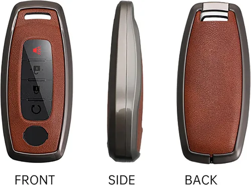 Vista 3 de ontto Funda de cuero y marco de metal para llavero, protección completa, antiarañazos, ajuste para Nissan Rogue Pathfinder X-trail Versa Kicks Ariya