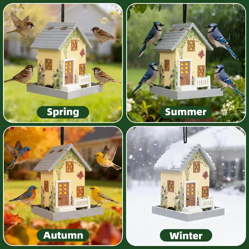 Vista 9 de MEWANG Comedero colgante para pájaros al aire libre, casa decorativa de madera para pájaros sin cámara para colibríes, cardenales y pájaros azules