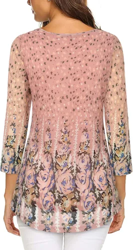 Vista 3 de VALOLIA Blusa de manga 34 para mujer, estilo casual, holgada, floral, de malla, plisada, en capas