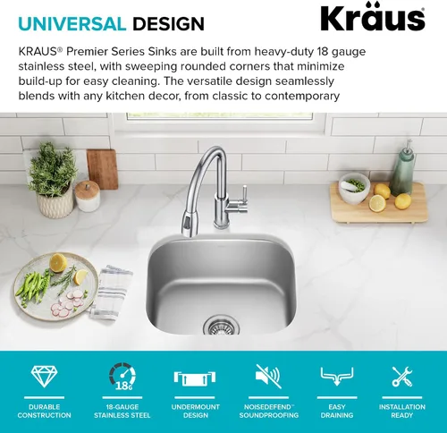 Vista 4 de Kraus KBU11 - Fregadero de cocina de acero inoxidable de 19 3/4 pulgadas, fregadero de cocina duradero de calibre 18 de un solo tazón