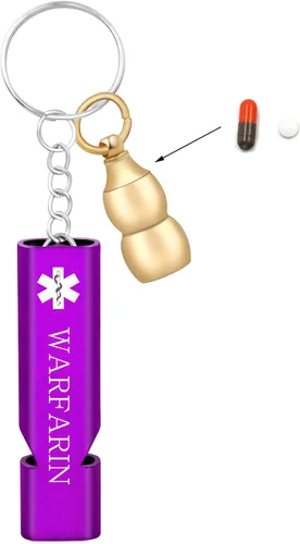 Vista 10 de Llavero médico de emergencia con silbato de seguridad fuerte y pastillero, herramienta de alerta EDC para personas mayores, adultos, uso al aire