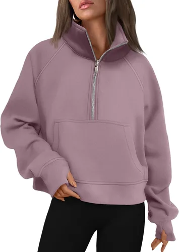 Vista 44 de AUTOMET Sudaderas con media cremallera para mujer, sudadera corta de vellón con cremallera de un cuarto, sudaderas con capucha para el otoño, a