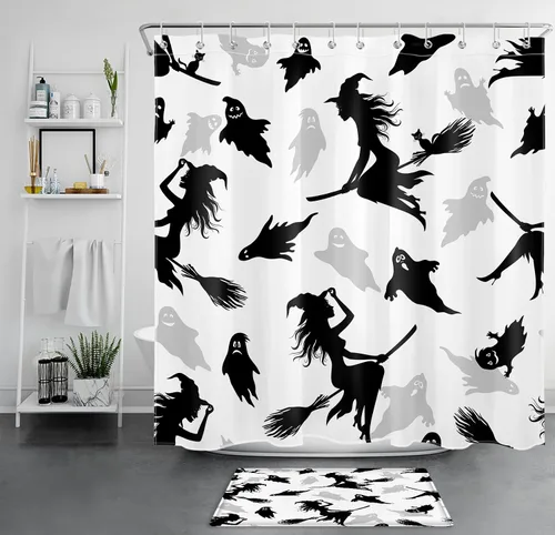 Vista 32 de LB Cortina de ducha espeluznante de Halloween, lindo fantasma en flores, árbol negro, luna llena, cortinas de ducha para baño, tela de poliéster