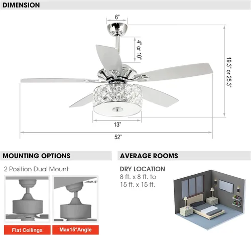 Vista 8 de Ventilador de techo de 52 pulgadas con luz, ventilador de araña de cristal con control remoto Ceiling Fans with Lights for Bedroom Living Room