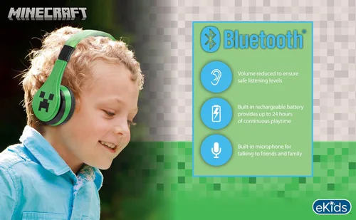 Vista 2 de eKids Minecraft - Auriculares inalámbricos Bluetooth con micrófono, reducción de volumen para la escuela