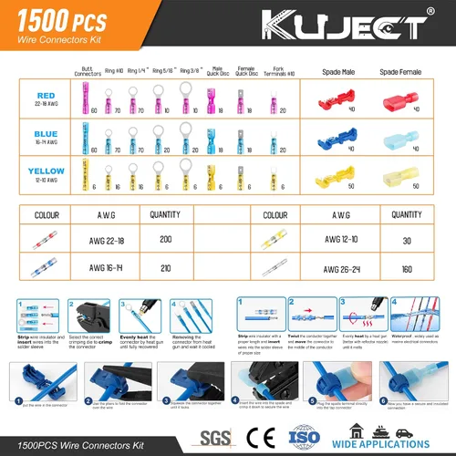 Vista 2 de Kuject Conectores de Cable Termorretráctiles Ultimate, Kit de 1500 Conectores de Pala Eléctricos Impermeables, Terminal de Pala de Horquilla