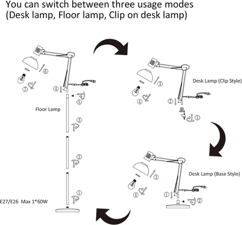 Vista 6 de Lámpara de pie LED FIRVRE, lámpara de pie giratoria vintage de metal, 3 modos de uso - lámpara de pie, lámpara de mesa y lámpara de clip, lámpara