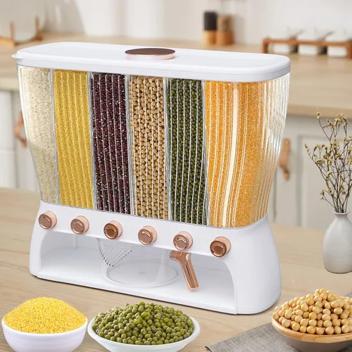 Vista 11 de Contenedor de almacenamiento de arroz y granos de 5 rejillas, dispensador de arroz y alimentos con cubo de almacenamiento de presión de un botón