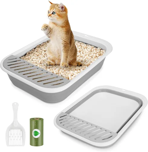 Vista 8 de ShineMe - Caja de arena plegable para gatitos, caja de arena pequeña para gatos con pala y bolsa de arena, impermeable, antisalpicaduras para gatos