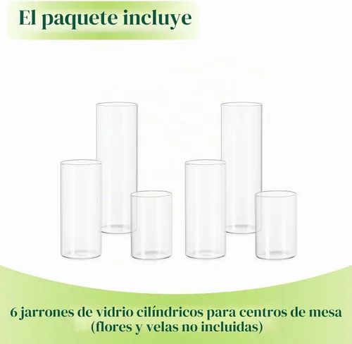 Vista 7 de Juego de 6 jarrones cilíndricos de vidrio, Hewory jarrón alto transparente para centros de mesa, portavelas de vidrio Hurricane para velas flotantes