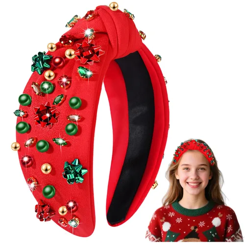 Vista 34 de Diadema de Navidad para mujer, accesorios de Navidad con cuentas, arco de Navidad, árbol, copo de nieve, diadema anudada HOHOHO, rojo y verde, perla