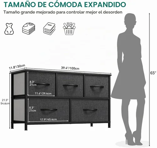 Vista 3 de YITAHOME Cómoda con 5 Cajones - Torre de Almacenamiento de Tela, Cómoda Negra y Cajonera, Unidad Organizadora para Dormitorio Negro ceniza gris