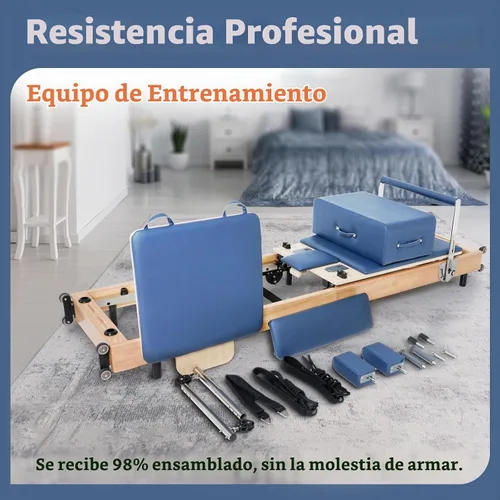 Vista 6 de Foldable Oak Wood Pilates Reformer Machine for Home and Studio Training Azul real