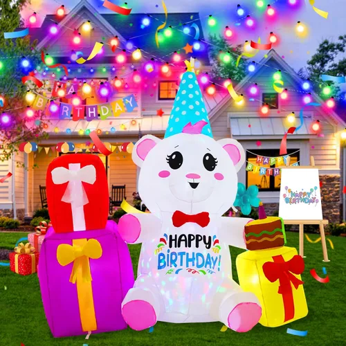 Vista 11 de Pastel inflable de feliz cumpleaños de 6 pies con velas, luces LED integradas, adecuado para decoración de césped en interiores y exteriores