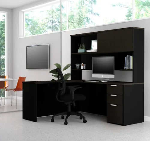 Vista 2 de Bestar Pro-Concept Plus - Escritorio en forma de L de 72 W con pedestal y gabinete en gris oscuro y negro With Pedestal and Hutch; with Narrow