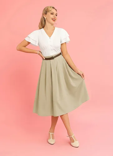 Vista 7 de Belle Poque Falda midi vintage con bolsillos para mujer, de cintura alta, plisada, con cinturón