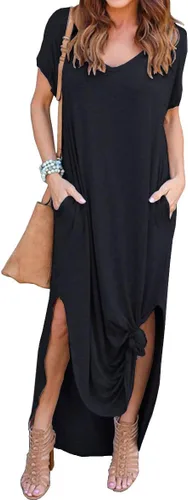 Vista 2 de GRECERELLE - Vestido largo para mujer, holgado, con bolsillos, manga corta y abertura lateral, estilo informal