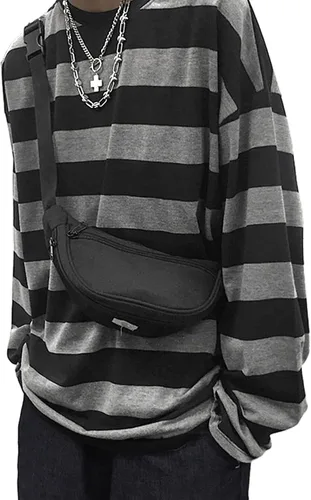Vista 14 de Camiseta Harajuku de gran tamaño a rayas de manga larga con cuello redondo para mujer NegroGris