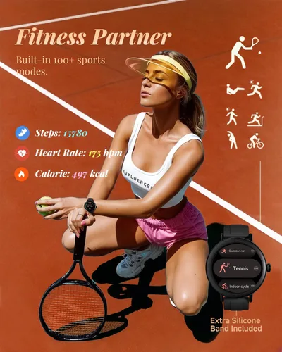 Vista 3 de TOOBUR Reloj inteligente para mujer con dos bandas, reloj de seguimiento de fitness, monitor de frecuencia cardíaca, contador de pasos, compatible
