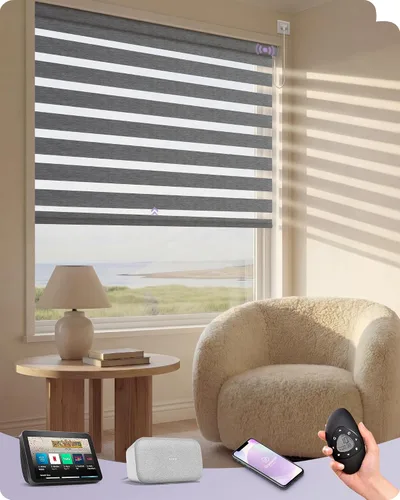 Vista 23 de Graywind Persianas motorizadas de cebra para ventanas, persianas inteligentes 100 % opacas con control remoto, persianas de cebra personalizadas