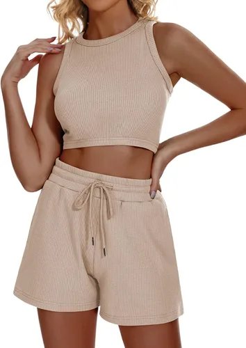Vista 3 de Funlingo Conjunto de pijama de 2 piezas para mujer, de punto gofre, sin mangas, de verano, 2023