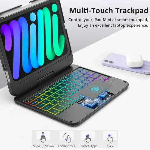 Vista 3 de FUWANG Funda con teclado y panel táctil para iPad mini 7 A17 Pro 2024 y Mini de 6ª generación 2021 de 8.3 pulgadas - Teclado retroiluminado de 7