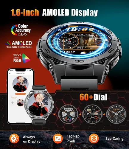 Vista 2 de Smart Watches for Men with Flashlight,1.6" AMOLED Always on Display Outdoor Sports Smartwatch with 111 Sports modes ,Heart Rate/Sleep Monitor IP68