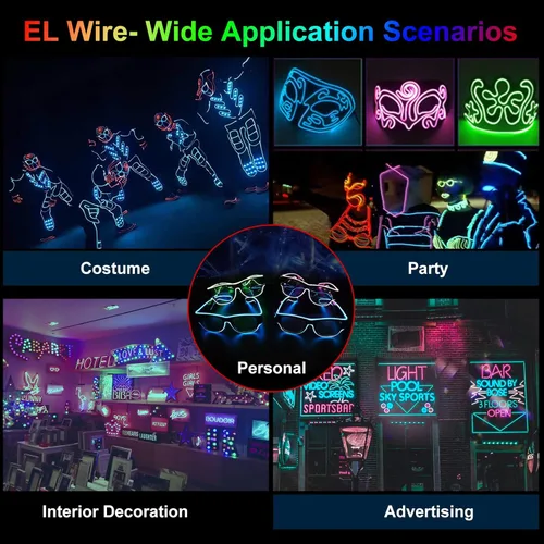 Vista 3 de JIGUOOR - Tira de luces de neón brillantes con cable EL y paquete de baterías, de 9.8 pies, 360 ° de iluminación, para bricolaje, festivales, Azul