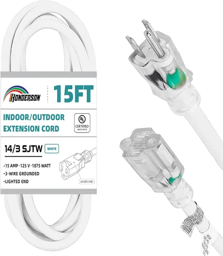 Vista 32 de Cable de extensión resistente a la intemperie con extremo iluminado, certificado UL, calibre 10, 3 pies, color blanco, 3 clavijas, resistente, cable