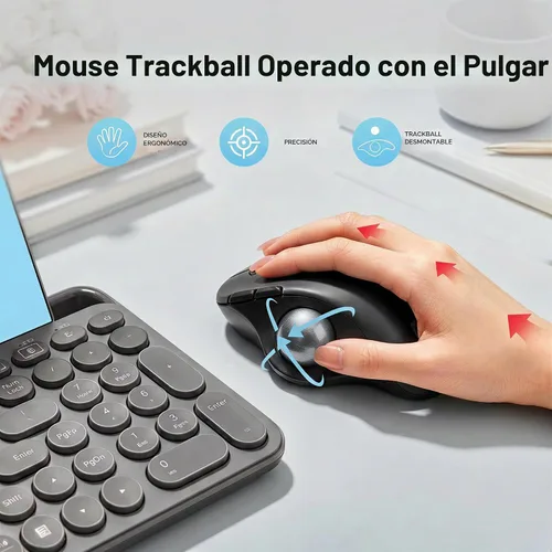 Vista 2 de seenda Ratón inalámbrico ergonómico de Trackball - Ratón Bluetooth Rollerball recargable, conexión de 3 dispositivos (Bluetooth/USB), mouse