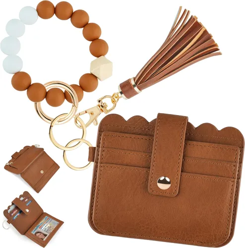Vista 24 de Cartera de pulsera para mujer con llavero – Tarjetero RFID pequeña cartera con llavero Beige
