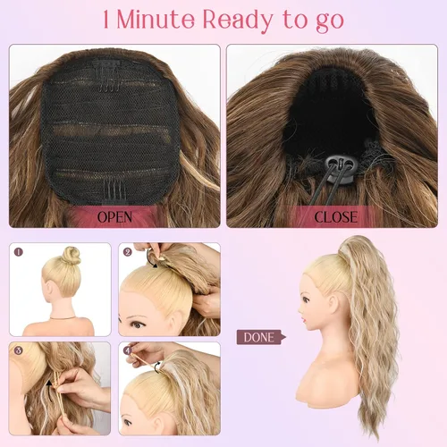 Vista 3 de HOOJIH Extensión de cola de caballo, extensiones de cabello con cordón para cola de caballo de 26 pulgadas de largo, pelo rizado y ondulado natural
