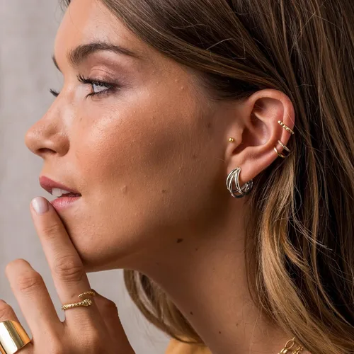 Vista 22 de Aretes de aro gruesos de oro para mujer, chapados en oro de 14 quilates, aretes de aro triple, hipoalergénicos, a la moda, aretes de aro gruesos