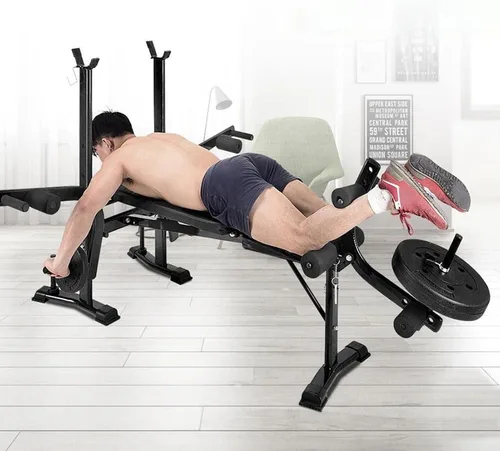 Vista 5 de Equipo de entrenamiento de banco de pesas estándar 6 en 1 para gimnasio en casa, entrenamiento de cuerpo completo, juego de prensa de banco, rizo