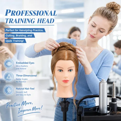 Vista 2 de Cabeza de maniquí de cabello humano, 80% cabello real, maniquí para cosmetología, con soporte de trípode para práctica de peinado, trenzado y Ámbar