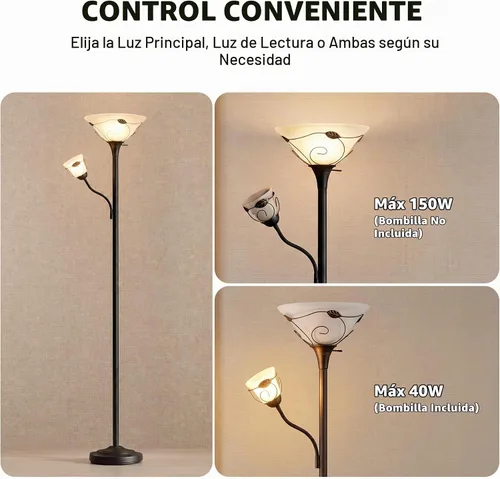 Vista 3 de VONLUCE Torchiere - Lámpara de pie con luz de lectura lateral, interruptor de 3 vías, combo de bronce antiguo, lámpara de pie para madre e hija