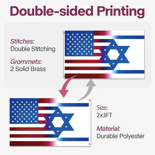 Vista 3 de Bandera estadounidense de la amistad israelí de 2 x 3 pies para decoración de habitaciones al aire libre, bordes de doble costura y 2 ojales de 1