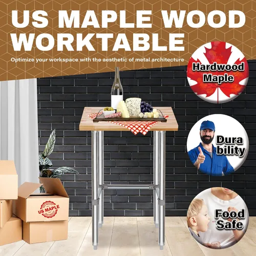 Vista 2 de Mesa de trabajo de madera con parte superior de arce estadounidense – 24 x 24 x 35 pulgadas, banco de trabajo de madera con base abierta