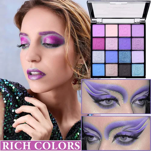 Vista 2 de Paleta de sombra de ojos morada con purpurina, paleta de maquillaje de sombra de ojos mate brillante, paleta de maquillaje altamente pigmentada