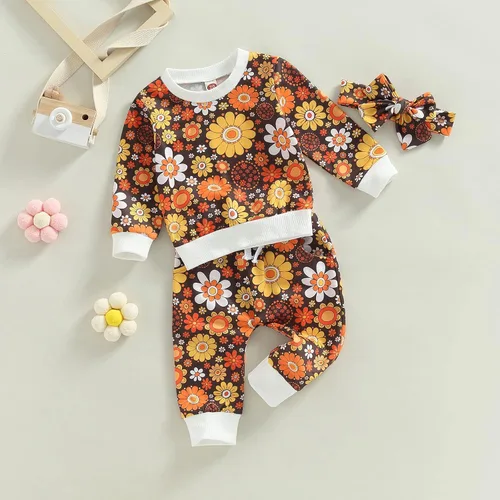 Vista 3 de Conjunto de sudadera de manga larga con cuello redondo y estampado floral para bebé niña