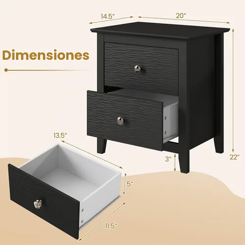 Vista 3 de KOMFOTT Mesita de noche con 2 cajones, mesita de noche de madera, mesa auxiliar moderna para sofá, mesa auxiliar compacta para dormitorio