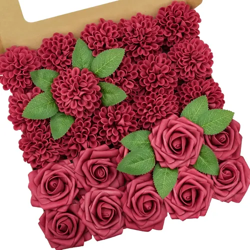 Vista 32 de Flores artificiales, 25 piezas, rosas artificiales realistas para ramos de novia, centros de mesa, arreglos, flores de Dalia negras con tallo
