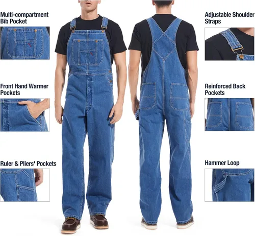 Vista 4 de HISEA Overol de mezclilla para hombre, overol de trabajo con correas ajustables y prácticos bolsillos para herramientas