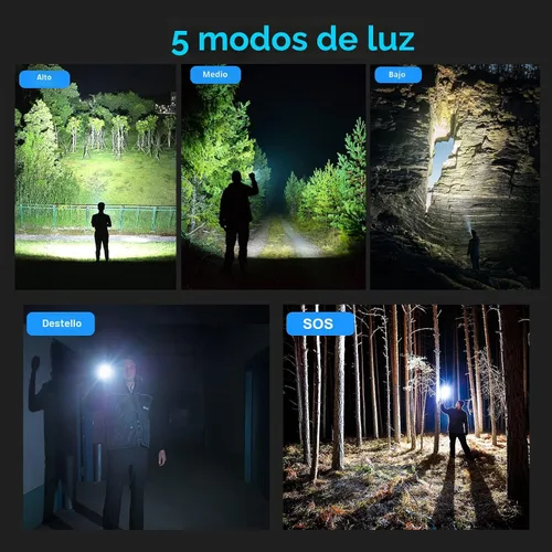 Vista 4 de Linternas recargables de 10000 lúmenes altos, linterna LED impermeable para emergencias, linterna de alta potencia con 5 modos, con zoom