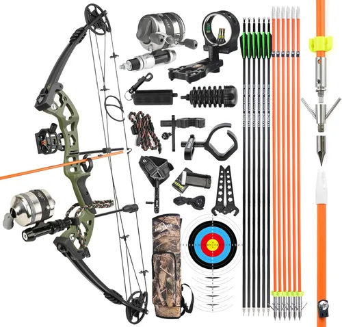 Vista 11 de Kit de arco compuesto de pesca con arco listo para pescar, con carrete de pesca de arco, flechas de pesca con arco mano derecha e izquierda