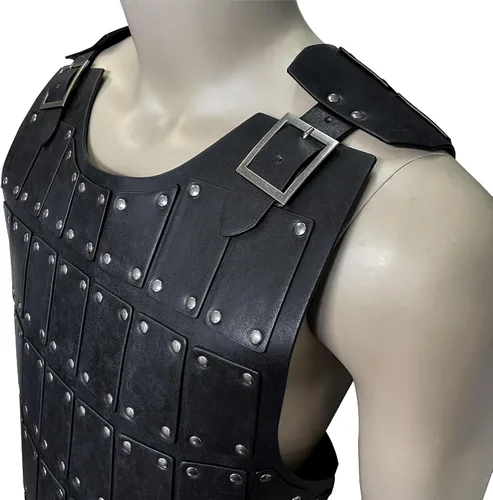Vista 3 de HiiFeuer Armadura medieval de cuero con tachuelas, armadura de cuerpo mercenario vintage, piel sintética, armadura ajustable en el pecho
