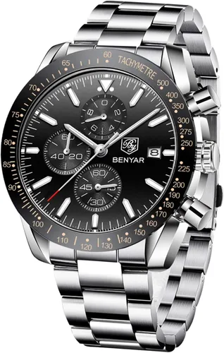Vista 9 de BENYAR - Relojes para hombre, cronógrafo de cuarzo, marca de lujo, impermeable, relojes de pulsera de cuero marrón a la moda para hombres