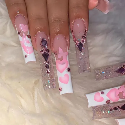 Vista 10 de Uñas postizas a presión de longitud cuadrada larga, cobertura completa, reutilizables, uñas postizas de bailarina, uñas adhesivas con diseños