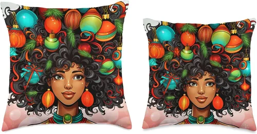 Vista 3 de Black women Christmas ornament melanin curly hair Melanin Christmas Queen Xmas Black Girl Magic Ornament Throw Pillow, 16x16, Multicolor